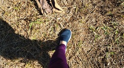 Feet on the dry grass in the wild