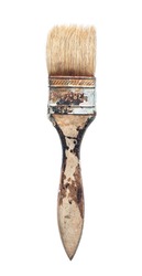 Old used flat paint brush with rust and paint marks isolated on white background