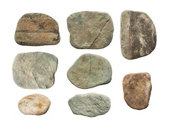 A set of rough relief stones in earthy and gray tones. Flat pebble rock isolated on white background