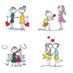cute cartoon couple doodle with red heart shape