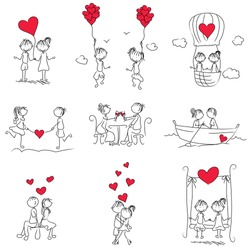 cartoon couple doodle with red heart shape