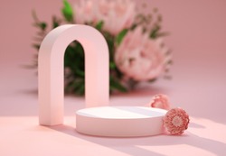 Podium, stand, showcase on pastel light, pink background and flowers. for premium product with nature plant, leaves.3d render.