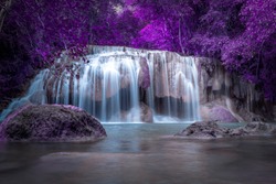 purple waterfall magic colorful, picture painted like a fairytale world