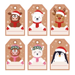 Christmas craft tags for gift boxes with cute characters. Cute bull, cow, bear, deer, penguin