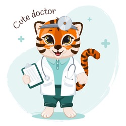 Cute cartoon striped red tiger happy doctor with stethoscope and medical gown. Funny baby tiger on medical background. 