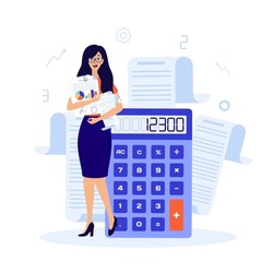Woman accountant staying near a calculator, keeping documents, report and paycheck. 