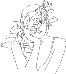 Abstract girl with flowers by one line vector drawing. Portrait minimalistic style. Botanical print. Nature symbol of cosmetics. Modern continuous line art. Fashion print. Beaty salon