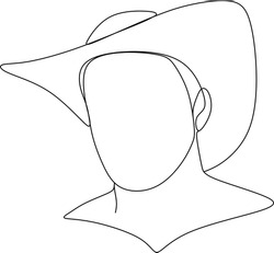 Portrait of a man in a cowboy hat. Continuous line drawing on white background. Linear minimal male face. Head accessory for sun protection. Cowboy illustration.