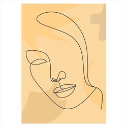  Feminine Illustration line drawing. Woman face with beautiful hair. Woman portrait. Abstract Modern surreal continuous .Cosmetics .Makeup .Hair stylist.