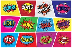 Pop art comic vector speech cartoon bubbles in popart style with humor text boom or bang bubbling expression asrtistic comics shapes set isolated on background illustration