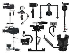Steadicam vector video digital camera professional film equipment stabilizer illustration set of photographer videographer movie technology production isolated on white background