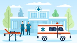 Ambulance car, doctors, hospital wheel bad, building vector illustration. Man, women physicians in uniform, surgical gloves standing with first aid kit. Healthcare, medical treatment, transportation.