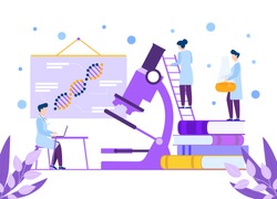 Scientific research laboratory vector illustration concept. Team of tiny people doctors conducting experiments, tests with huge microscope. Books, dna molecule, laptop, stairs.