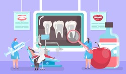 Treatment of caries concept, x-ray tooth and medical cure by dentist and patinet in dental chair mini people cartoon vector illustration. Caries and hygiene, dentistry medicine, stomatological clinic.