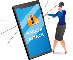 Modern technology cyber security protection, criminal attack to mobile phone, woman frighten flat vector illustration, isolated on white. Hacker crack debit banking virtual card, steal personal data.