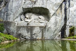 Close up of The Lion Monument (The Dying Lion of Lucerne) in Lucerne (Luzern), Switzerland.