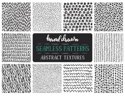 Set of ten hand drawn ink seamless patterns. Endless vector backgrounds of simple primitive scratchy textures with dots, stripes, waves. 