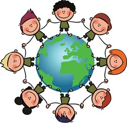 Multicultural people around earth, holding hands. stock illustration Vector