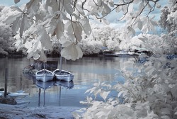 A view of infrared photography with two boats by the lakeside surrounded by trees with white color foliage.