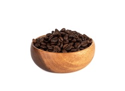Wooden bowl full of coffee beans on a white background. Copy space.