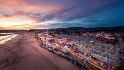 Santa Cruz Boardwalk Aerial View with Colorful Sunset, California