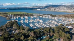Aerial view of boats over blue water in Berkeley Marina, SF Bay Area, California, USA