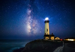 Starry night and Milky Way at Pigeon Point Lighthouse, Pescadero, California, USA