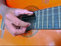 drawing fingers plucking guitar strings