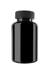 Medicine bottle of black glass or plastic isolated on white