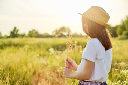 Summer nature, back view of child girl in straw hat tearing meadow grasses, copi space beautiful sunset meadow landscape
