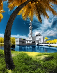 Blur Image Of Tengku Tengah Zaharah, Terengganu by the lakeside viewed in infrared.(soft focus effect , blur effect , high iso ,nature composition )