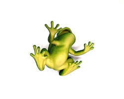 frog toy made of plastic lies on its back on a white background