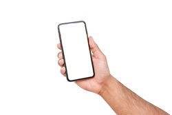 hand holding phone with white screen isolated on white background. Empty space for text.(Clipping Path)