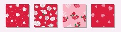 Romantic pattern set with rosebud, heart, polka dot in red, pink and white colors. Vector illustration. Pretty pattern collection for print, wallpaper, textile, fashion, gift wrap, wrapping paper.