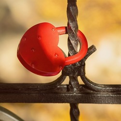 Red lock in shape of heart on black old metal fence, love symbol, selective focus, blurred autumn background
