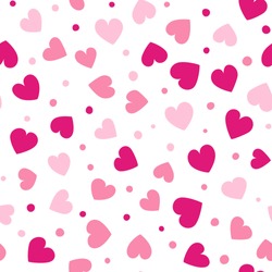 Seamless hearts and dots pattern with white background. Vector repeating texture. Perfect for printing on fabric or paper.