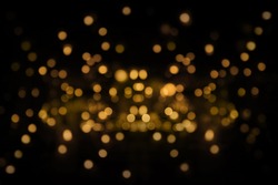 Night city bokeh glows light background empty. Banner candlelight shines yellow gold glitter abstract. Design background Celebration Christmas, New Year, Diwali, Thanksgiving. Luxury bokeh backdrop.