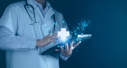Medical technology, doctor use AI robots for diagnosis, care, and increasing accuracy patient treatment in future. Medical research and development innovation technology to improve patient health.