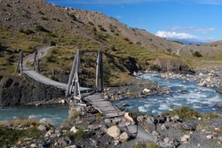 A hanging wood bridge in Torres del Paine