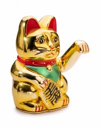 Maneki-neko money cat on white background or lucky cat glitter gold is mean welcoming more money and gold, good luck good fortune to the owner.