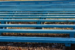 Open-air stage pews at sunny day during early spring. Construction of wooden benches. Blue urban lines and patterns. Weathered rustic timber seats outdoor. Bright blue benches at park.