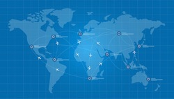 world map plane logistic in blue print network