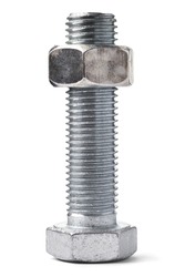 Large bolt with a nut screwed on it standing on the bolt cap isolated on the white background