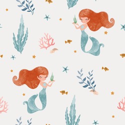 Seamless childish pattern with cute mermaid and sea shells. Hand drawn watercolor vector design. Perfect for fabric, textile, packaging.