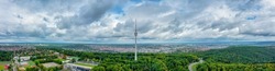 Panorama of Stuttgart on a cloudy day, Skyline of Stuttgart, Germany, aerial photo view with tv tower, town architecture, travel photo, banner