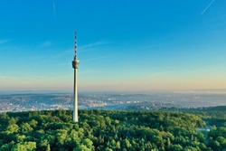 Stuttgart Sunrise, Stuttgart skyline, Aerial view with tv tower, Germany