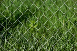 Chain link fence with blurred grass texture background