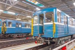 Passenger subway cars in the depot for parking and maintenance