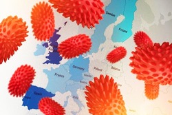 Map of the spread of monkeypox virus in Europe. Smallpox virus abstract model. Disease outbreak