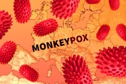 Map of the spread of monkeypox virus in Europe. Smallpox virus abstract model. Disease outbreak spread, pandemic threat, world health organization. Elements of this image furnished by NASA